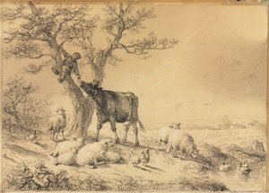 Landskap med djur och pojke i träd, 1866.