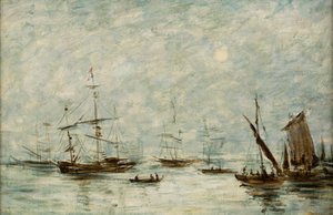 Båtar förtöjda i en hamn (olja på duk) av Eugene Louis (attr.to) Boudin