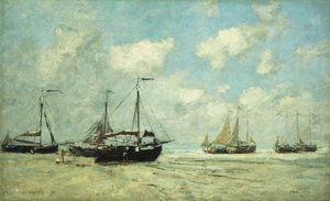 Båtar på stranden vid Scheveningen; Scheveningen, Fartyg strandade på Greve, 1875 av Eugene Louis Boudin