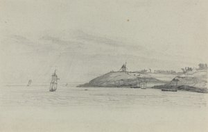 Kustlandskap med sjöfart, väderkvarn på avstånd, ca. 1858. av Eugene Louis Boudin