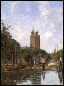Dordrecht, den stora kyrkan från kanalen, 1884 av Eugene Louis Boudin