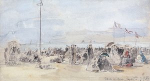 People on the Beach, Trouville, 1866 (wc & grafit på papper) av Eugene Louis Boudin