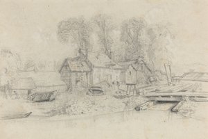 Flodlandskap med byggnader, båtar och figurer, c. 1858. av Eugene Louis Boudin