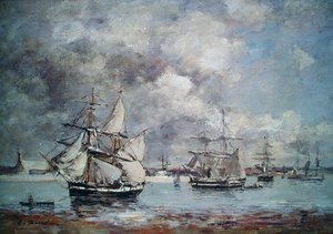 Segelbåtar i en hamn (olja) av Eugene Louis Boudin