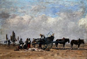 Fiskvagnen, Berck, ca 1880 (olja på duk på panel) av Eugene Louis Boudin