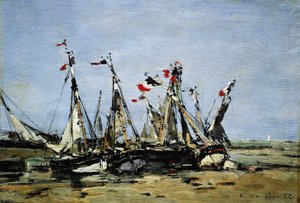 Trouville (Frankrike), i väntan på tidvattnet, fiskebåtar på stranden, dekorerade med franska flaggor, till minne av den franska revolutionen 1789 av Eugene Louis Boudin