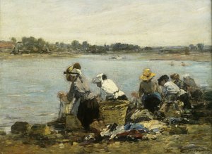 Tvättkvinnor vid vridmomentet; Tvättkvinnorna på La Touque, av Eugene Louis Boudin