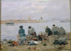 Tvättkvinnor på stranden av floden Touques nära Trouville, av Eugene Boudin, målning av Eugene Louis Boudin
