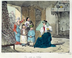 Ett besök i byn. En rik kvinna besöker en fattig familj. Illustration av boken "La vie de chateau"". Gravyr av Eugene Louis Lami (1800-1890) av Eugene Louis Lami