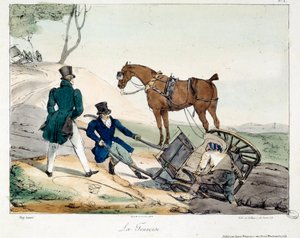 Kutschenunfall verursacht durch die Schiene. Illustration des Buches „La vie de château“. Gravur von Eugene Louis Lami (1800-1890)