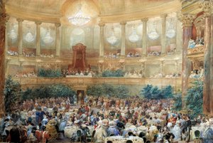 Middag erbjuds av Napoleon III till drottning Victoria i rummet på Opera de Versailles den 25 augusti