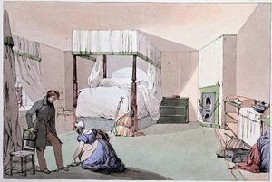 Vandrarhem: en tjänare som hjälper en kund att ta på sig skor. Illustration av Eugene Louis Lami (1800-1890), mitten av 1800-talet av Eugene Louis Lami