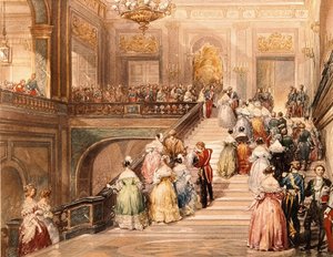 Kung Louis Philippe I (1773 - 1850) och drottning Marie Amélie de Bourbon (1782 - 1866) tog emot gästerna i samband med invigningen av Versailles museum 1837. Illustration av Eugène Lami (1800 - 1890).
