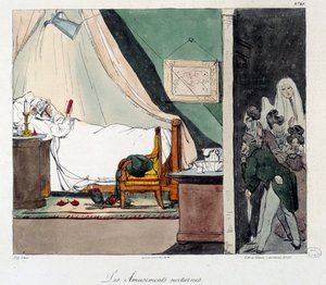 Nattnöje. Barn är rädda för att skrämma en person som läser i sängen. Illustration av boken "La vie de chateau"". Gravyr av Eugene Louis Lami (1800-1890) av Eugene Louis Lami