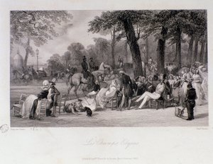 Passagerare och vandrare på Champs Elysees (Champs-Elysees) i Paris. Gravyr av Eugene Louis Lami (1800-1890) 1841 Privat samling av Eugene Louis Lami