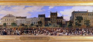 Attacken av Giuseppe Fieschi (korsikansk konspiratör) den 28/07/1835 mot Louis-Philippe I (1773-1850), kungen av fransmännen, Boulevard du Temple i Paris (Louis Philippe recenserar nationalgardet) Detalj av en målning av Eugene Lami (1800-1890) 1845 Sön.