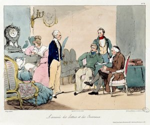 Die Ankunft von Briefen und Zeitungen. Illustration des Buches „La vie de château“. Gravur von Eugene Louis Lami (1800-1890)