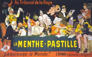 Tecknad affisch på fredskonferensen i Haag 1899: "" I Haagdomstolen, mintpastillan - passionerar världen!" av Eugène Ogé (1861 - 1936)