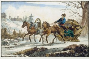 Hästsläden, med skydd för resenärer. (Trojka Kibitka). Verk av Eugene Pluchard (1809-1880), litografi och akvarell