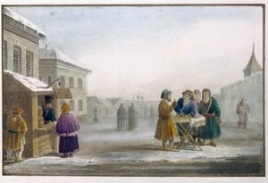 Ambulerande tobaksförsäljare framför en tobaksaffär i Ryssland. Verk av Eugene Pluchart (1809-1880), litografi och akvarell