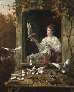 Mata fåglarna (olja på duk) av Eugene Remy and Portielje Jan Maes