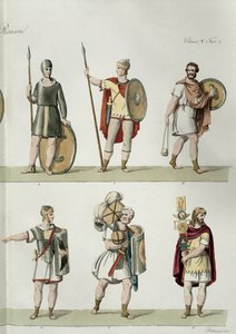 Romerska soldater, detalj från plåt 2, klass 5 i del I av Nationernas historia, graverad av Buttazon (akvatint) (se även 93288) av Eugenio Bosa