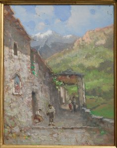 Alpine Village (olja och tempera på kartong)