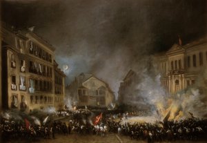 Avsnitt av revolutionen 1854 i Puerta del Sol i Madrid. Målning av Eugenio LUCAS VELAZQUEZ