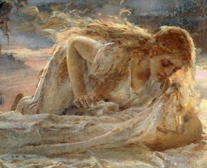 Magdalena som kysser Kristi fötter när han tas ner från korset, detalj från Kristus och Maria Magdalena av Eugenio Prati