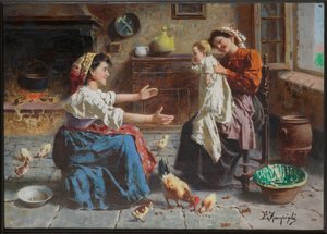 Två kvinnors möte och en baby (olja på duk) av Eugenio Zampighi