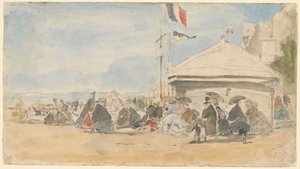 Beach House med flaggor i Trouville av Eugène Boudin