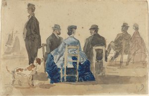 Mina damer och herrar sitter på stranden med en hund av Eugène Boudin