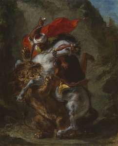 Arabisk ryttare attackerad av ett lejon av Eugène Delacroix