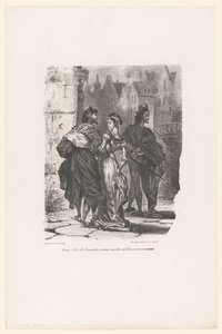 Faust försökte Grietje te verleiden Faust: Min vackra unga dam, skulle jag våga erbjuda dig min arm och köra dig hem? (titel på objekt) Faust (serietitel) Faust, tragedi av M. de Goethe (serietitel) av Eugène Delacroix