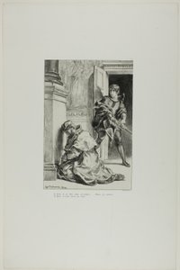Hamlet försöker dräpa kungen, plansch 8 ur Hamlet av Eugène Delacroix