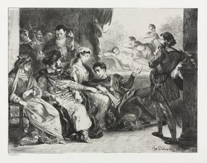 Hamlet: Hamlet beordrar skådespelarna att göra en scen från förgiftningen av sin far av Eugène Delacroix