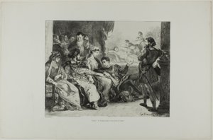 Hamlet får spelarna att iscensätta förgiftningen av hans far, plansch 7 ur Hamlet av Eugène Delacroix