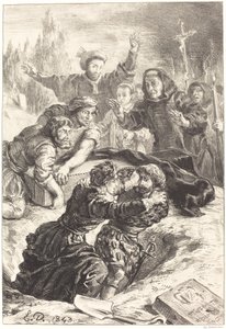 Hamlet och Laertes i Ophelias grav Akt V, scen I, 1843. av Eugène Delacroix
