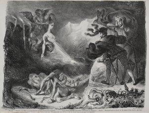 Illustrationer för Faust: Marguerites skugga visar sig för Faust av Eugène Delacroix