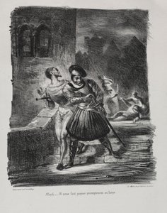 Illustrationer för Faust: Mephistopheles och Faust flyr efter duellen av Eugène Delacroix