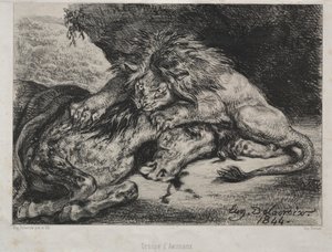 Lejon som slukar en häst av Eugène Delacroix