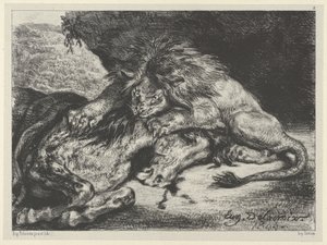 Lejon slukar en häst, 1844, 1844. av Eugène Delacroix