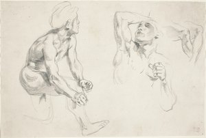 Naken man poserar för figurer i "Frise de la Guerre" av Eugène Delacroix
