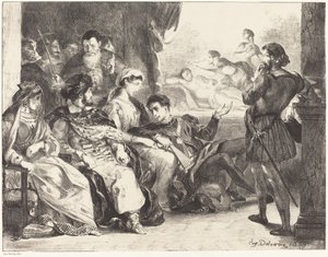 Spelare som genomför förgiftningen av Hamlets far (akt III, scen II) av Eugène Delacroix