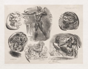 Ark med sex antika mynt av Eugène Delacroix