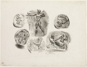 Ark med sex antika medaljer av Eugène Delacroix
