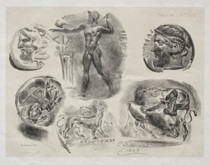 Blad med sex antika medaljer av Eugène Delacroix