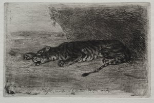Tiger som sover vid ingången till hans lya av Eugène Delacroix