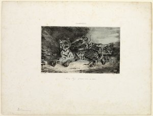 Ung tiger som leker med sin mamma av Eugène Delacroix