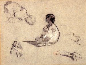 Studier av arabiska barn (kol & kroppsfärg på blått papper) av Eugène Fromentin